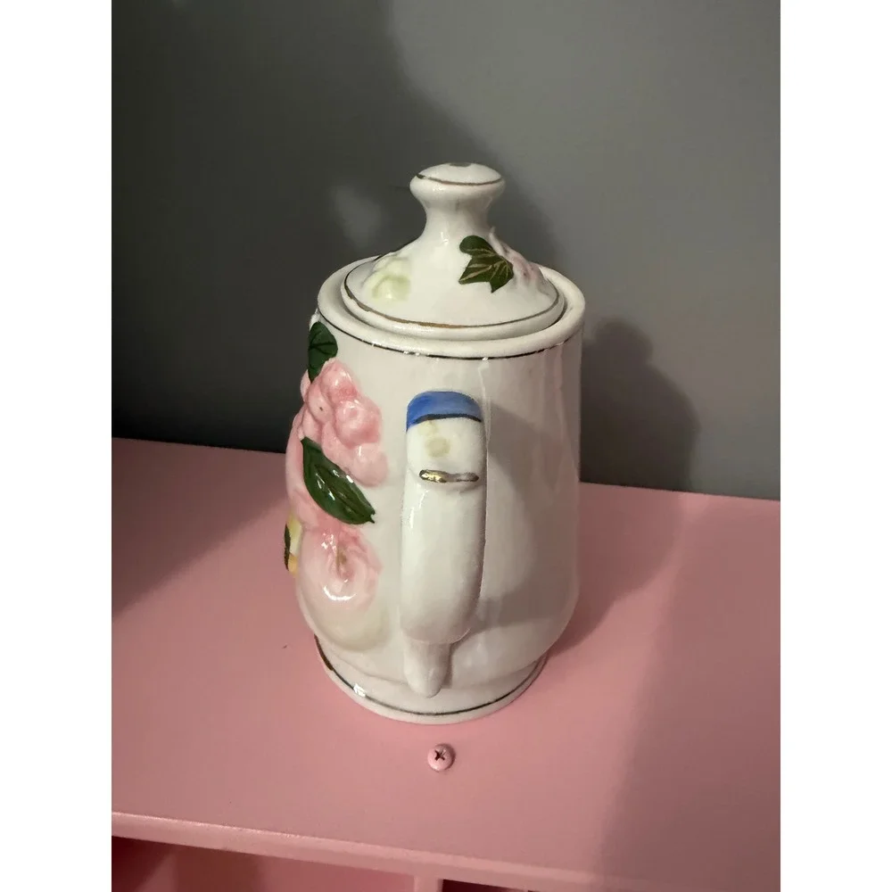 Vintage Ceramic Fruit Relief Teapot White Gold Trim Bananas Grapes Cottagecore